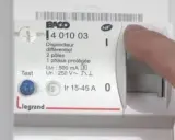 Main d'une personne actionnant le levier d'un disjoncteur différentiel Legrand, modèle 15-45 A.