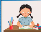 Bambina scrive appunti per riassunti scuola primaria classe quinta. Sul tavolo, libri, matite e righello.
