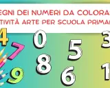 Attività per trasformare i numeri in disegni da colorare: matite colorate e numeri 0-9, 3, 12 su sfondo sfumato.
