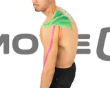 Kinesiotaping wdowi garb: kolorowe taśmy na ramieniu i plecach mężczyzny, wspierające postawę.