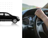 Manos al volante, listo para arrancar el motor sin acelerar. Un coche negro espera.