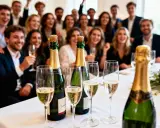 Des bouteilles de champagne et des verres remplis pour célébrer. Combien de bouteille de champagne pour 50 personnes ? Une belle fête en perspective !
