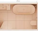 Plano de baño con lavabo, bañera y WC. Las medidas generales son 275 cm x 180 cm, mostrando las medidas bañera estandar.