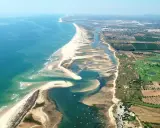 Luftaufnahme der Ria Formosa mit ihren Sandbänken, Lagunen und dem Meer. Im Hintergrund sind Felder und ein Golfplatz zu sehen.