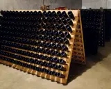 Vinhylla med mörka flaskor, kanske för ett "bereche et fils" vin. Flaskorna står i träställningar i ett källarutrymme.