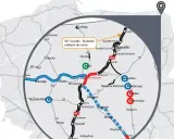 Mapa pokazuje przebieg trasy S61 od Suwałk do Budziska, z zaznaczonymi miastami i odcinkami drogi.