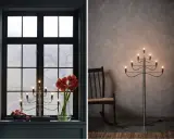 Två adventsljusstake inspirationer: en i fönster med amaryllis och äpplen, en annan som golvlampa bredvid en gungstol.