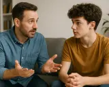 Ojciec tłumaczy synowi, jak rozmawiać z nastolatkiem, używając gestów. Chłopak słucha uważnie.