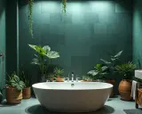 Bagno lussuoso con vasca bianca, tante piante verdi e pareti color smeraldo. Un'oasi di relax con idee bagno verde.