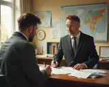 Dwóch mężczyzn w garniturach przy biurku, jeden podpisuje dokumenty. Rozmowa o tym, jak sprawdzić, kto jest właścicielem działki.