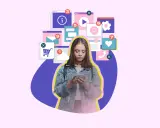 Jeune femme absorbée par son téléphone, entourée d'icônes de notifications. Un visuel symbolisant le besoin d'une pause réseaux sociaux.