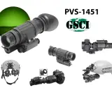 Noktowizor analogowy PVS-1451 od GSCI, pokazany z różnymi akcesoriami, w tym montażem na hełm i adapterem do aparatu.