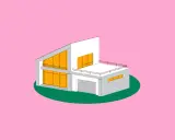 Casa moderna con grandes ventanales naranjas. Representa la diferencia entre urbano y urbanizable.