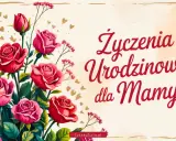 Bukiet czerwonych i różowych róż, złote serduszka i napis "Życzenia Urodzinowe dla Mamy". Piękna dedykacja dla mamy.