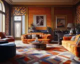 Luxuriöses Wohnzimmer mit orangefarbenen Samtsofas, einem geometrischen Teppich und auffälligem Art-décor.
