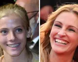 Julia Roberts barn, en ung flicka med blå ögon och blont hår, bredvid en skrattande Julia Roberts.