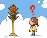 Niña mira semáforo en rojo, con signo de interrogación. Enseña respeto niños y seguridad vial.