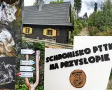 Schronisko PTTK na Przysłopie pod Baranią Górą. Widok na chatę, szlaki turystyczne i rysunki rysi.