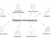 Objawy menopauzy: kołatanie serca, nocne poty i uderzenia gorąca (możliwy związek z wysokim cholesterolem), zaburzenia snu, osteoporoza, zmienność nastroju, bóle głowy, suchość pochwy, obniżone libido.