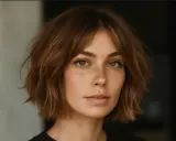 Mujer con pecas y un corte de pelo estilo italian bob, con ondas naturales y flequillo desordenado.