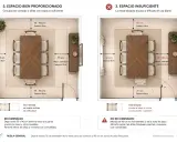 Comparativa de medidas comedor: espacio ideal (75-90 cm libres) vs. insuficiente (40-45 cm libres), afectando circulación y uso.