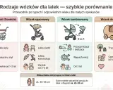 Porównanie wózków dla lalek: klasyczna gondola, spacerówka, kombi i drewniany. Wymiary gondoli i innych modeli pasują do lalek 45-55 cm.