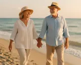 Szczęśliwa para seniorów spaceruje po plaży, trzymając się za ręce. Ich uśmiechy i stroje sugerują, że znaleźli sposób, jak być samowystarczalnym i cieszyć się życiem.