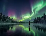 En person står på en isbelagd sjö i svenska Lappland och ser norrskenet dansa över himlen.