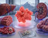 Modelli anatomici di fegato, rene, polmoni, muscoli e globuli rossi, con una molecola centrale che simboleggia l'LDH. Un'immagine che evoca l'idea di ldh alto stress.