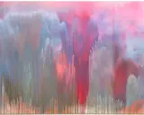 Abstrakte Tropfen in Rosa- und Blautönen, die an einen Wasserfall erinnern. Ein Werk moderner Maler, das Emotionen und Bewegung einfängt.