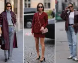 Tre look eleganti con il color vinaccia: trench in pelle, tailleur e giacca biker. Abbinamenti vestiti che esaltano la tonalità profonda.