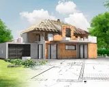 Wizualizacja domu w budowie na tle planów architektonicznych. Poznaj kupno działki krok po kroku.