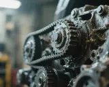 Primer plano de un motor con la correa de distribución rota, cubierto de aceite.