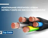 Przekroje przewodów elektrycznych na zewnątrz budynku, w tym TOP CABLE Xtrem H07RN-F, prezentujące miedziane żyły.