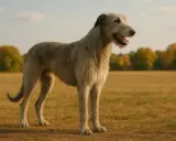 Un majestueux chien irlandais grand, au pelage gris, se tient dans un champ doré sous un ciel bleu.