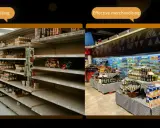 Dwa sklepy: jeden z pustymi półkami (słaby merchandising), drugi z pełnymi, atrakcyjnie ułożonymi produktami (efektywny merchandising).