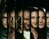 James McAvoy i hans olika personligheter i en film. En intensiv blick från varje fragment av hans karaktär.