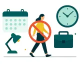 Symbol zakazu dla osoby idącej, obok kalendarza, zegara i teczki. Oznacza to nieobecność nieusprawiedliwiona.