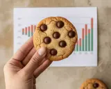 Une main tient un cookie aux pépites de chocolat devant un graphique. Le cookie ig bas est une récompense après une journée de travail.