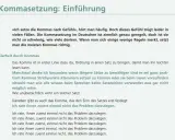 Text über Kommasetzung. Ein Satz erklärt, dass Kommas Ordnung schaffen, besser als nur Gefühl. Mehrere Beispiele zeigen, wie Kommas den Sinn verändern.