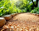 Une allée en copeaux de bois serpente entre des plantes luxuriantes et des pierres, baignée par la lumière du soleil.