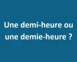 Des points d'interrogation entourent le texte "Une demi-heure ou une demie-heure ?". La conjugaison du verbe dépendre est ici mise en question.