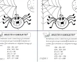 Problemi di Halloween classe quinta: un ragno sorridente invita a correggere calcoli, scegliendo tra "dolcetto" (corretto) e "scherzetto" (sbagliato).
