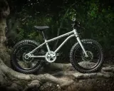 Srebrny rower dziecięcy z grubymi oponami, gotowy na wyzwania pumptracku. Jego lekka rama i solidne hamulce zapewnią bezpieczeństwo podczas pierwszych zjazdów.