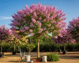 Arrosage de lilas des Indes en pleine floraison. Des outils de jardinage sont prêts pour l'entretien.