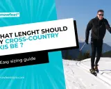 Man åker längdskidor i snö. Texten frågar "hur långa turskidor ska man ha?" och erbjuder en enkel storleksguide.