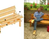 Diagrama de cómo hacer un banco de madera sencillo. Un hombre se sienta en un banco de madera terminado junto a una regadera roja.