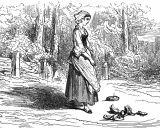 Une jeune femme en robe longue et coiffe, pieds nus, laisse tomber ses chaussures. Un gros jean comme devant, dans un paysage bucolique avec des tours à l'horizon.