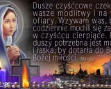 Matka Boża w modlitwie błagalnej, z płonącą świecą i różańcem. Wzywa do modlitwy za dusze w czyśćcu.