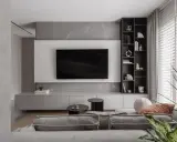 Nowoczesne pomysły na ścianę TV: minimalistyczna zabudowa, szary marmur i elegancka półka.